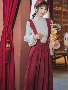 Work Dresses French Women Modern 2piece Set Burgundy Red Vest Skirt & Vintage Lantern Sleeve White Knitwear Top Shirt Mori Girl Winter