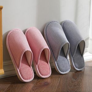 Slippers 2023 Winter Linen Cooton Indoor House Shoes Women Men Flip Flops Striped Non-Slip Warm Bedroom Footwear Slides