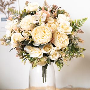 Высушенные цветы шелк искусственная роза осенняя украшение белая свадьба домой Рождество осенние фальшивые цветочные букет