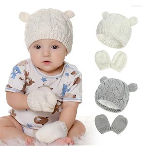 Berets 2pcs Baby Winter Knitted Plush Hat Mitten Sets Infant Beanies Kids Warm Headwear Gorros Caps Golves 0-18 Moths