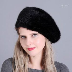 Berets Real Knitted Mink Hat Beret With Wool Lining Winter Lady 2023 Fashion Black White Gray Brown Color Red