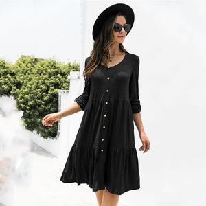 Casual klänningar 2023 Autumn Woman Dress Solid långärmad knapp förstörs för kvinnor Lossa A-Line Kne-Length Robe Black