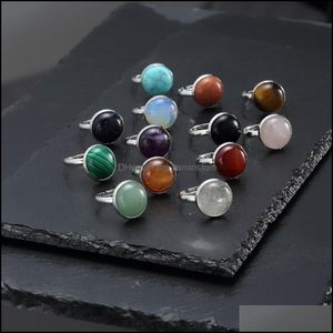 Cluster-Ringe 12 mm Edelstahl runder Natursteinring Tigerauge Opal Rosa Kristall verstellbar für Frauen Pendientes Schmuck Tropfen DHN4Z