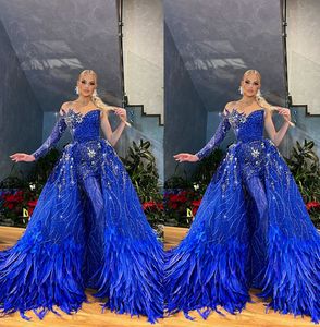 Feathers Royal Blue Mermaid Prom Dresses Lace Sequined One Shoulder Party Dresses Crystal with Overskirt Custom Made Evening Dress