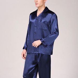 Mäns sömnkläder Summer Mens Pyjama Set Imitation Silk Pyjamas Men Print Shirt Long Sleeve Top Pants Sexy Nightwea