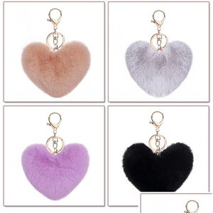 Keychains Lanyards Großhandel Handwerk Pelz Pompom Schlüsselbund weiche schöne Herzform Pompon Faux Rabbit Pom Poms Ball Car Handtasche Ke Dhcex