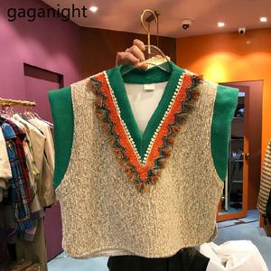Women's Vests Gaganight V Neck Sweater Vintage Women Beading Knitted Pullovers Casual Female Sleeveless Waistcoat Loose Korean Tops 230111