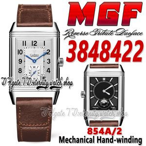 MGF Reverso Tribute Duoface MG3848422 MENS Watch 854a/2 Mechanical Hand Winding Dual Time Zone Steel Case Silver Dial Läderband Super V2 Edition Eternity Watches