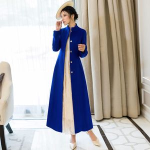 Женская шерстяная смеси с одним грудным пальто с Belt England Style Women Long Cashmere Solid Slim Winter En Trench 230111