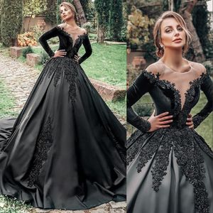 A Line Wedding Dresses Black Gothic Bridal Gowns Ball Gown Jewel Neck Illusion Long Sleeves Lace Appliques Crystal Beads Custom Floor Length Plus Size 403