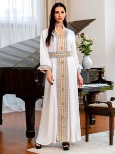 Повседневные платья женское платье для вечеринки элегантное мусульманское вечернее золотая серебряная лента кружевная отделка абая Дубай Араб Марокко Кафтан Белый