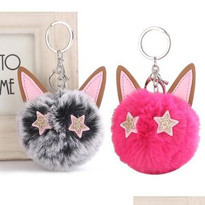 Keychains Lanyards Cute For Women Kitty Ear Hair Ball Pendant Key Chains Rings Fur Plush Car Keyring Holder Charm Bag Accessories Dhkyg