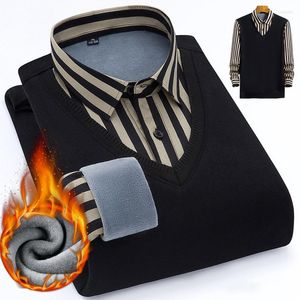 Tröjor Autumn and Winter 2023 Men's Brushed Warm Undercoat Fashion Shirt Collar Fake Two Thicked Knitwear Casual Shaping