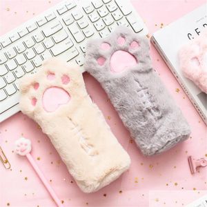 Bleistifttaschen Cut Cat Paw Bag Weiche Plüsch Kawaii Make-up Tasche Große Kapazität Fall Stifthalter Schreibwaren Organizer Schule Drop Lieferung Dhh5K