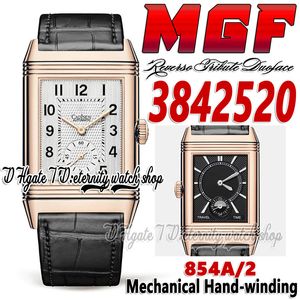 MGF Reverso Tribute Duoface MG3842520 MENS Titta på 854A/2 Mekanisk handvindande Dual Time Zone Rose Gold Case Silver Dial Leather Strap V2 Edition Eternity