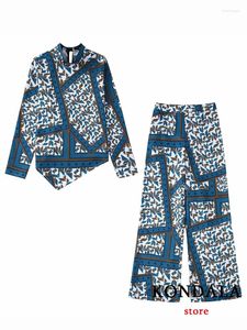 Kvinnors tvåbitar byxor Kondala vintage blå lapptäcke geometriska casual kvinnor kostymer långärmad lös skjortor bred ben elastiska mode 2023