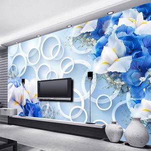 Bakgrunder Anpassade 3D PO Wallpaper Murals Stereoskopiska cirklar Blue Flower Moderna konstdesigner Living Room TV Bakgrund Väggbeläggning