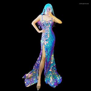 Bühne tragen Laser Spiegel Pailletten Langes Kleid Modell Sänger Kostüm Bankett Party Ärmellose Abendkleider Drag Queen Outfit VDB6195