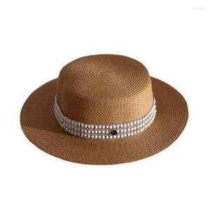 Chapéus largos da borda Summer Summer elegante retro pérola arco feminino liso chapéu de palha de palha lazer lazer sol respirável na praia