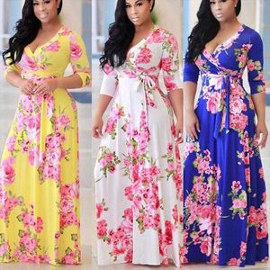 Womens V Neck Printed Large Swing Maxi Dresses Long Casual Skirt