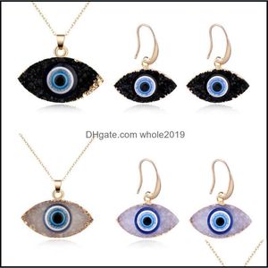 Ohrringe Halskette Blau Inspiriert Evil Eye Druzy Drusy Anhänger Schmuck Set Harz Quarz Kristall Mode Für Frauen Drop Lieferung Sets dh9Sd