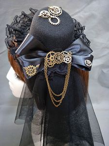 Saç klipsleri barrettes siyah steampunk dantel peçe dişli metal zincir klipli punk dişliler yay mini üst şapka cosplay gotik lolita fascinator şapka 230112