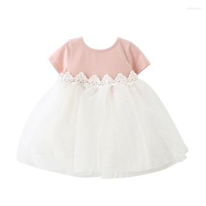 女の子のドレス夏の幼児半袖レースボウピンクかわいい幼児プリンセスドレス生まれた服の誕生日服1991-1-1