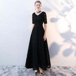 Ethnische Kleidung Schwarz Vintage Exquisite Abend Party Kleid Weibliche Elegante V-ausschnitt Kurzarm Bankett Kleid Süße Spitze Lange Plissee Kleider