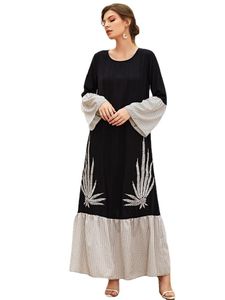 女性のためのカジュアルドレスマキシファッションコントラストステッチ民族刺繍長袖アバヤドレスブラックアラビア語イスラム教徒の服