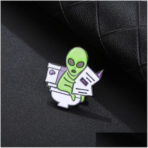 Pins Broschen Cartoon Lustige Alien Brosche Für Nette Mädchen Emaille Pin Et Lesen Zeitung In Toilette Metall Abzeichen Schmuck Kleine Frauen Dhauh