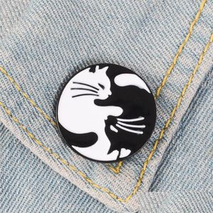 Pins Brooches Funny Cute Black White Kitten Hing Round Cartoon Cuddling Cat Enamel Pins Alloy Brooch For Girls Denim Shirt Badge Je Dhspm