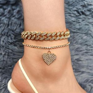 Anklets Flatfoosie 2Pcs Bling Iced Out Heart Cuban Chain Set For Women Hip Hop Paved Rhinestone Link Ankle Bracelet Foot Jewelry