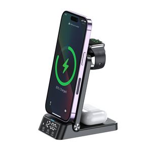 4 I 1 Foldbar Fast Wireless Charger Pad Station med väckarklocka för iPhone 14 13 12 Pro Max Apple Watch AirPods Samsung Note 20 S20e Xiaomi Huawei Mate Smartphones