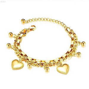 Chunky Fashion Jewelry 2023 Layered Figaro Paper Clip Chain Heart Charms Pvd Gold Plated Stainless Steel Bracelet Women
