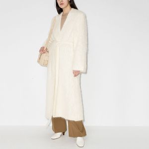 Malhas femininas Tees de outono e jumper de inverno Cardigan Cardigan Feminino médio de lã branca lã de lã quente windbreaker robe de banheira com casaco peludo e peludo 230111