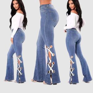 Kvinnors jeans hög midja för kvinnor 2023 smal stretch denim bodycon rashes bandage mager push up flare pants office lady woman woman