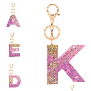 Keychains Lanyards Letter Pendant Resin Key Chains Rings For Women Cute Car Pink Sequin Letters Keyring Holder Charm Bag Couple Gi Dhnul