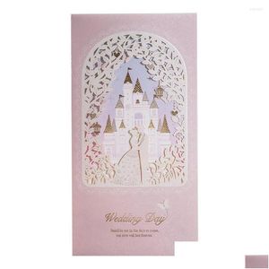 Biglietti d'auguri 50Pcs Inviti di nozze tagliati al laser Wishmade Princess Prince In Castle Blush Shimmer Invito floreale con buste Dhzda