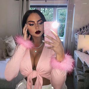 Women's T Shirts Long Sleeve Fur V Neck Wrapped Bandage Sexy Crop Tops Autumn Winter Women Streetwear Club Party Outfits Tees