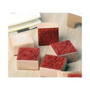 Stamps 600Pcs/Lot 4X4Cm Sweet Lace Series Wood Round Stamp Square Shape Gift Sn4665 Drop Delivery Office School Business Industrial Dhqcy