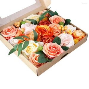 Flores decorativas combinar artificial rosas laranja queimadas com caixa de caule para o conjunto de peças centrais de buquê de noiva de casamento diy