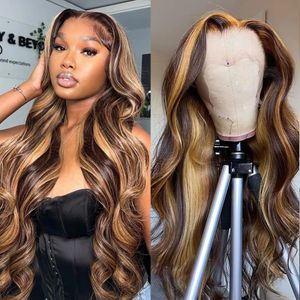 HD Body Wave Highlight Spets Front Människohår Peruker För Kvinnor Spets Frontal Peruk Förplockad Honung Blondfärgade syntetiska peruker