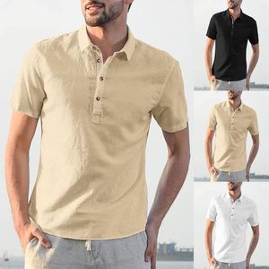 Camisas casuais masculinas 2023 Camisa de vestido fit slim para homens linho de algodão vintage Botão de manga curta sólida colar