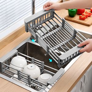 Dish Racks 48cm Adjustable Stainless Steel Sink Holder Kitchen Storage Draining Fruits Drainer 230111