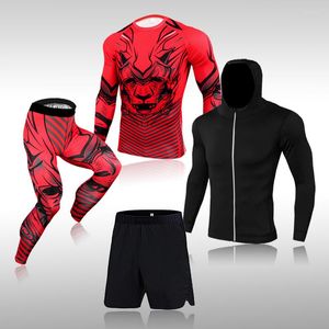 Herrspårar Herrarna Running Set Gym Legging Thermal Underwear T-Shirt Compression Fitness MMA Hooded Jacket Quick Dry Track Suit