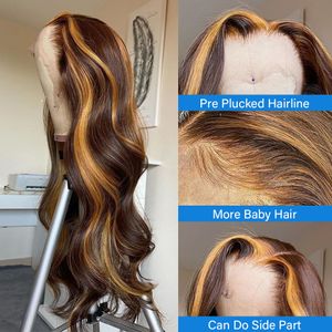 HD Body Wave Highlight Front Human Hair for Women spets frontala peruk PRECLED Honung Blond färgade syntetiska peruker 6699