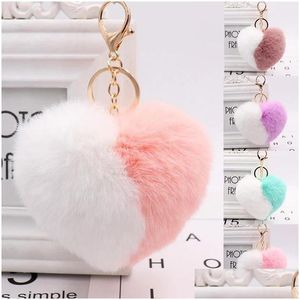 Schlüsselanhänger 11 cm Niedliche Flauschige Herz-Schlüsselanhänger Damen Pom Poms Faux Rex Kaninchenfell Ketten Mädchen Tasche Hängen Auto Ring Schmuck Zubehör Dro Dhwx4