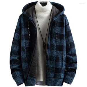 メンズセーター男性フード付き温かいカジュアルウールセータージッパー追加メンズカシミア肥厚冬のコート秋の格子縞のカーディガンジャケット