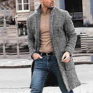 Men's Wool Men's Overcoat Men Casual Winter Fashion Hounstooth Gentlemen Long Coat Jacket Outwear High Quality Mens Tops Blouse