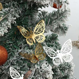 Christmas Decorations 12 Pcs Butterfly Stickers Tree Baubles Wedding Ornament Hollow-out Metal Texture Party Decor